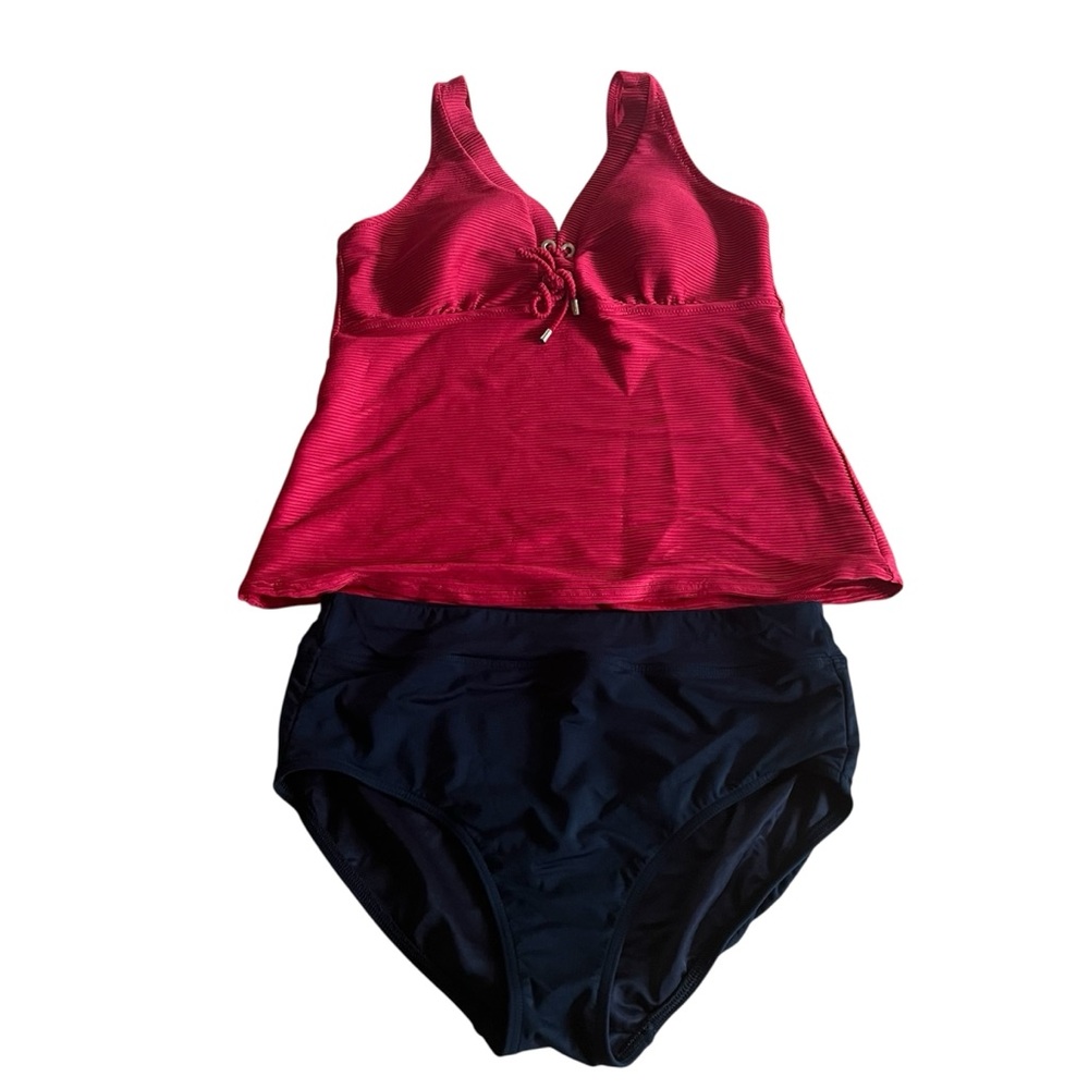 Lands End Red and Black Tankini Swimsuit Set Two Piece High Waist Coverage 10/12